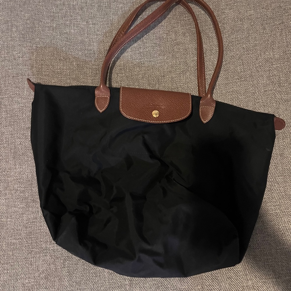 Longchamp Black Tote with Brown Accents